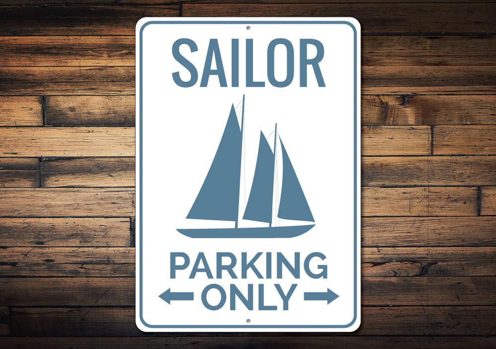 Sailor Parking Sign made of durable aluminum, featuring nautical designs, perfect for personalizing parking spaces.