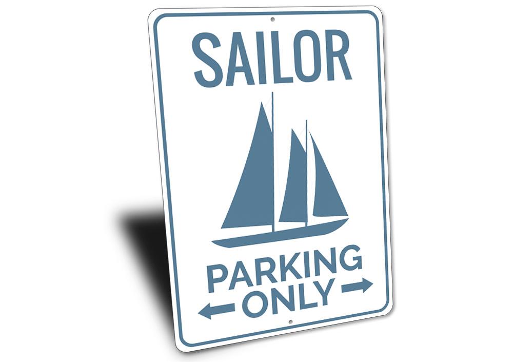 Sailor Parking Sign made of durable aluminum, featuring nautical designs, perfect for personalizing parking spaces.