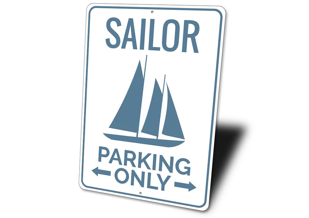 Sailor Parking Sign made of durable aluminum, featuring nautical designs, perfect for personalizing parking spaces.