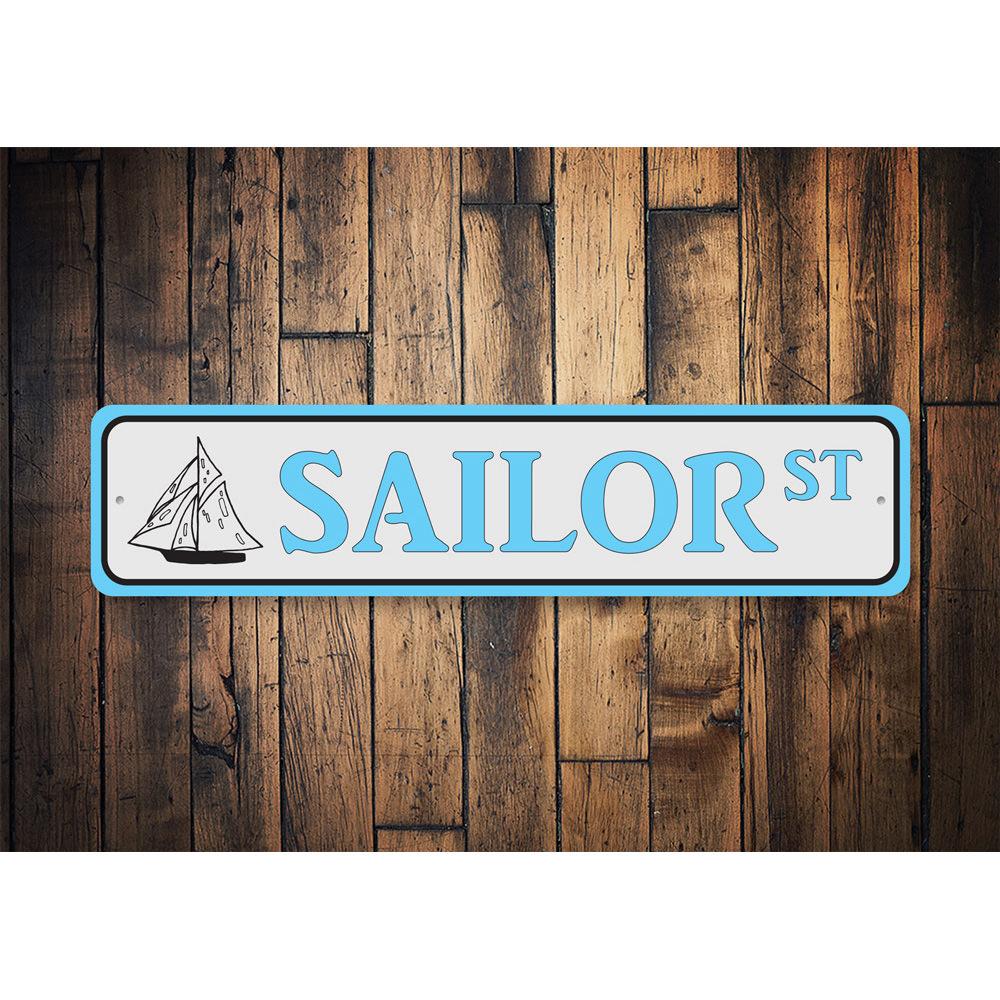 Sailor Street Sign made of quality aluminum, featuring customizable text and pre-drilled holes for easy mounting.