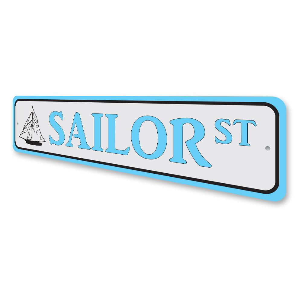 Sailor Street Sign made of quality aluminum, featuring customizable text and pre-drilled holes for easy mounting.