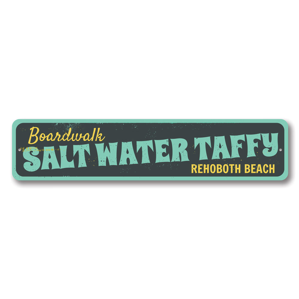 A colorful Saltwater Taffy Sign made of durable aluminum, featuring beach-themed graphics and customizable text options.