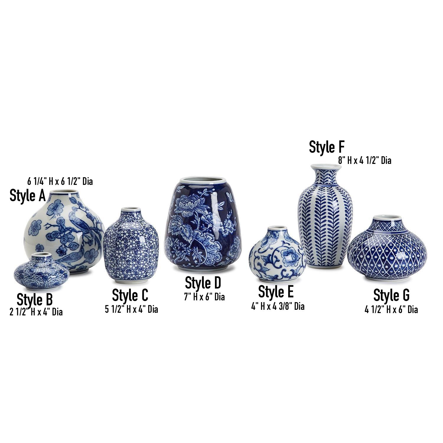 A collection of Samira Blue Vases featuring hand-painted porcelain in classic blue and white designs, showcasing various sizes and styles.