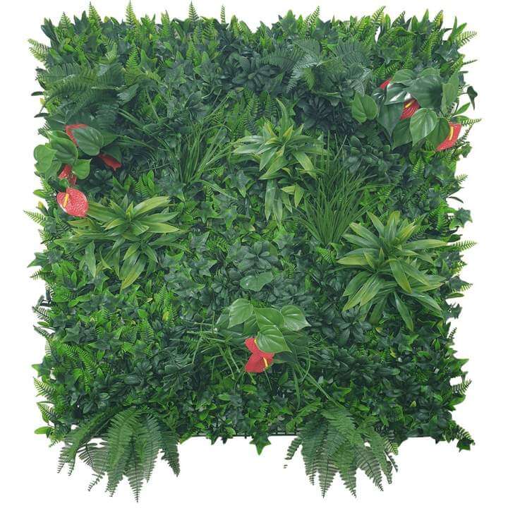 Lace Leaf Jungle Artificial Vertical Garden featuring vibrant anthurium flowers and lush greenery in a 33cm x 33cm panel.