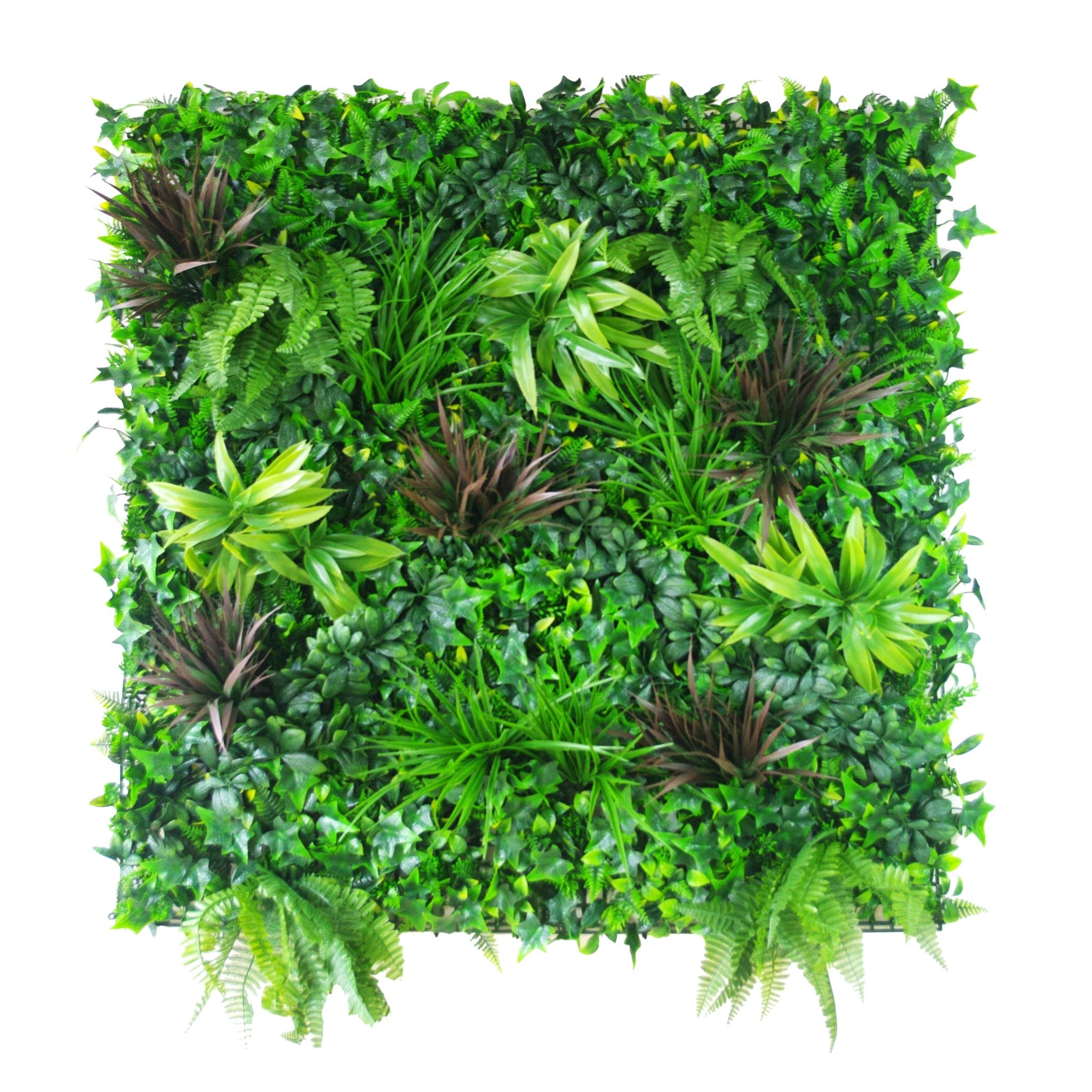 UV Green Beet Artificial Vertical Garden sample, featuring vibrant grasses and ferns in a compact 25cm x 25cm design.