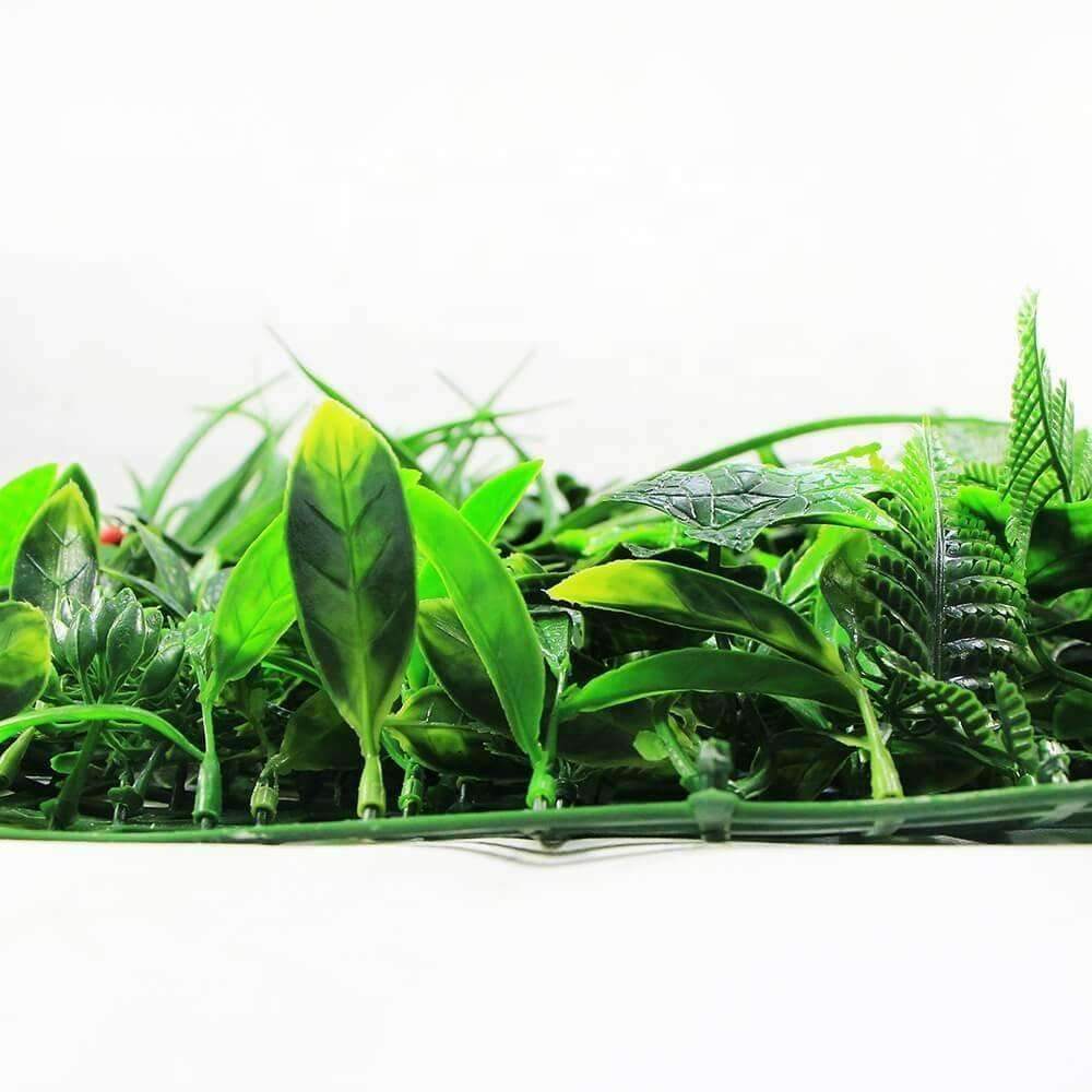 UV Green Beet Artificial Vertical Garden sample, featuring vibrant grasses and ferns in a compact 25cm x 25cm design.