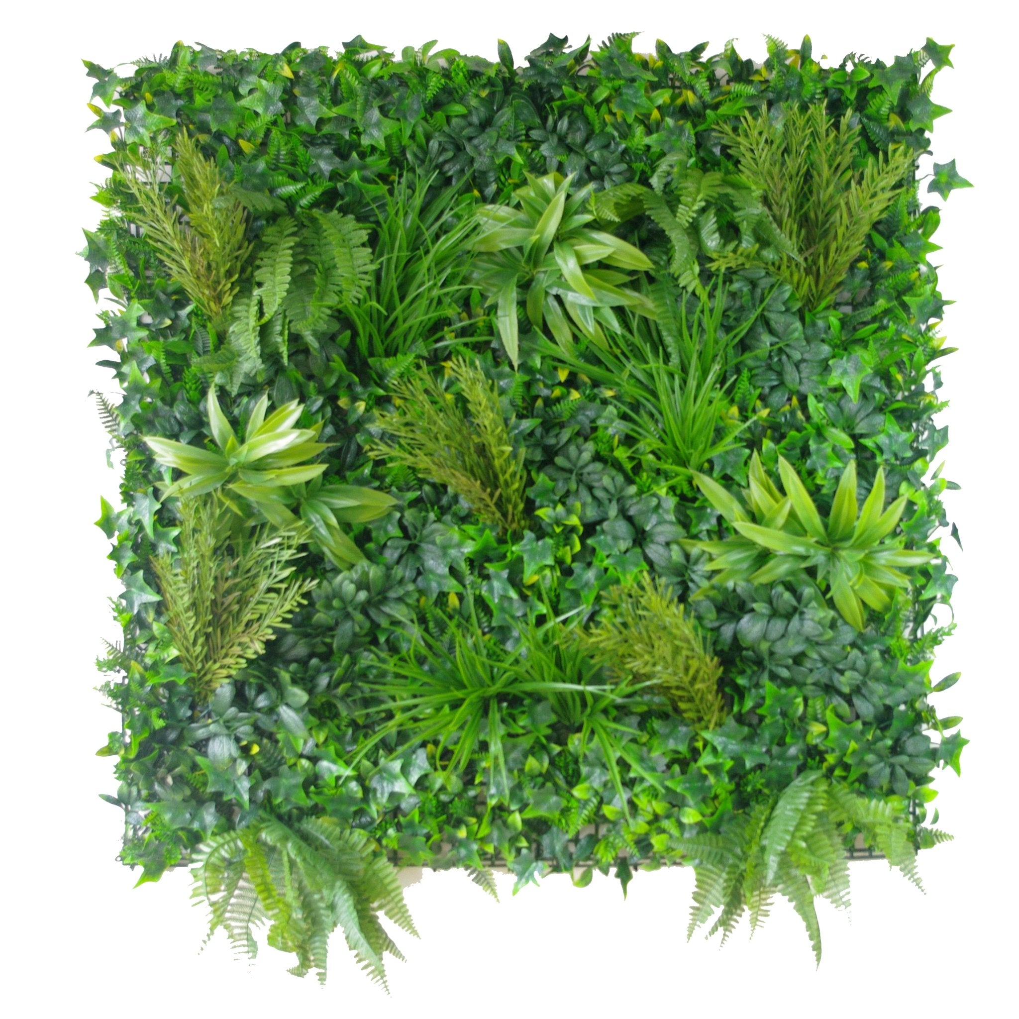 A vibrant UV Native Tea Tree Artificial Vertical Garden sample featuring lush grasses, ferns, and succulent-like stems in a compact 25cm x 25cm panel.