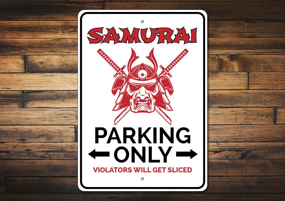 Samurai Parking Sign made of durable aluminum, featuring unique designs for various vehicles, easy to mount with pre-drilled holes.