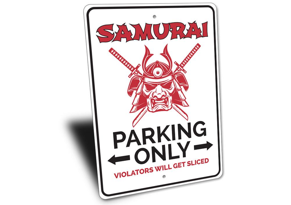 Samurai Parking Sign made of durable aluminum, featuring unique designs for various vehicles, easy to mount with pre-drilled holes.