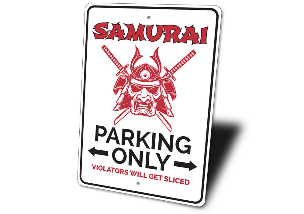 Samurai Parking Sign made of durable aluminum, featuring unique designs for various vehicles, easy to mount with pre-drilled holes.