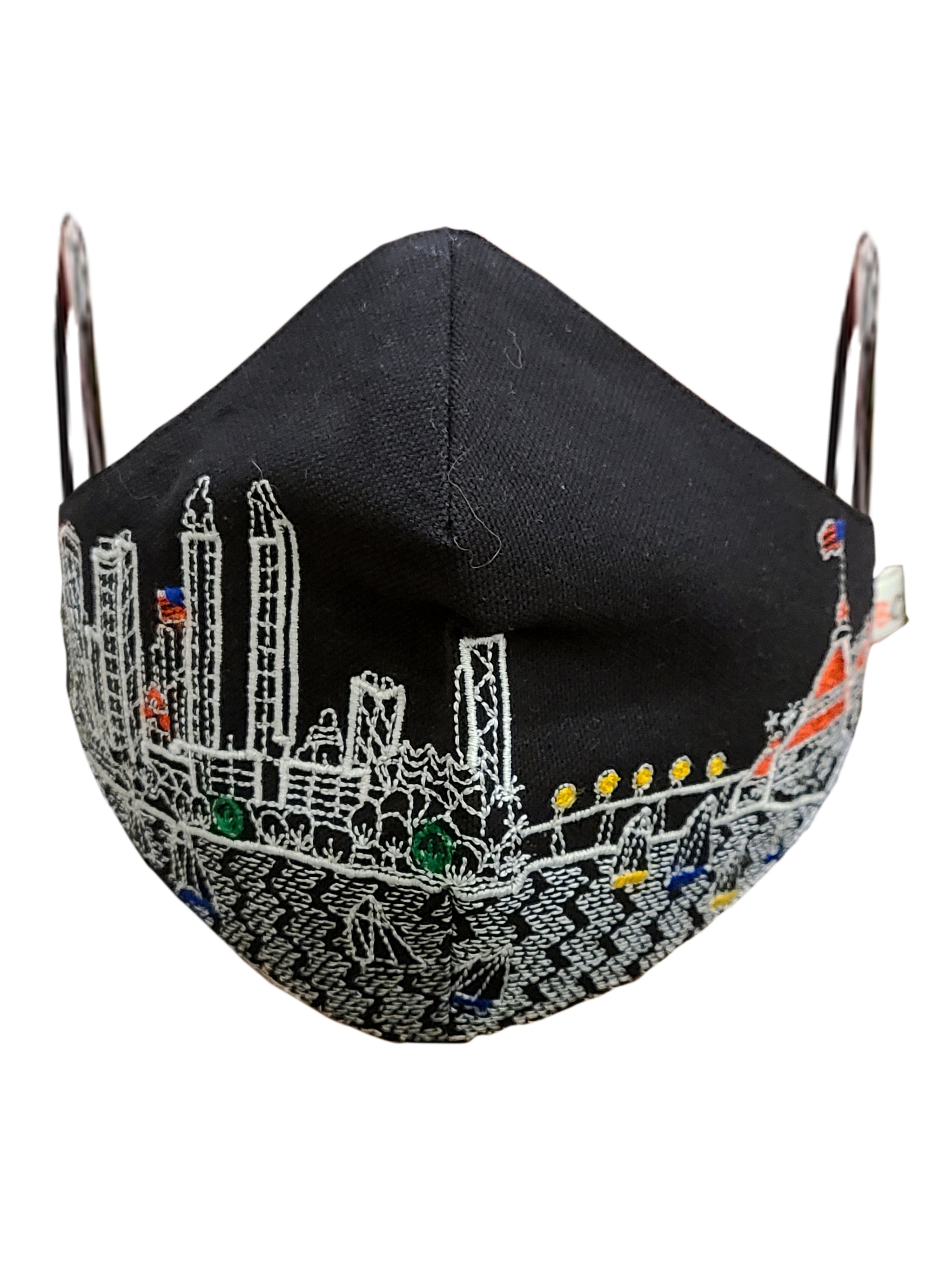 SAN DIEGO EMBROIDERED SKYLINE FACE MASK featuring a vibrant skyline design on linen/cotton fabric with soft cotton lining and elastic loops.