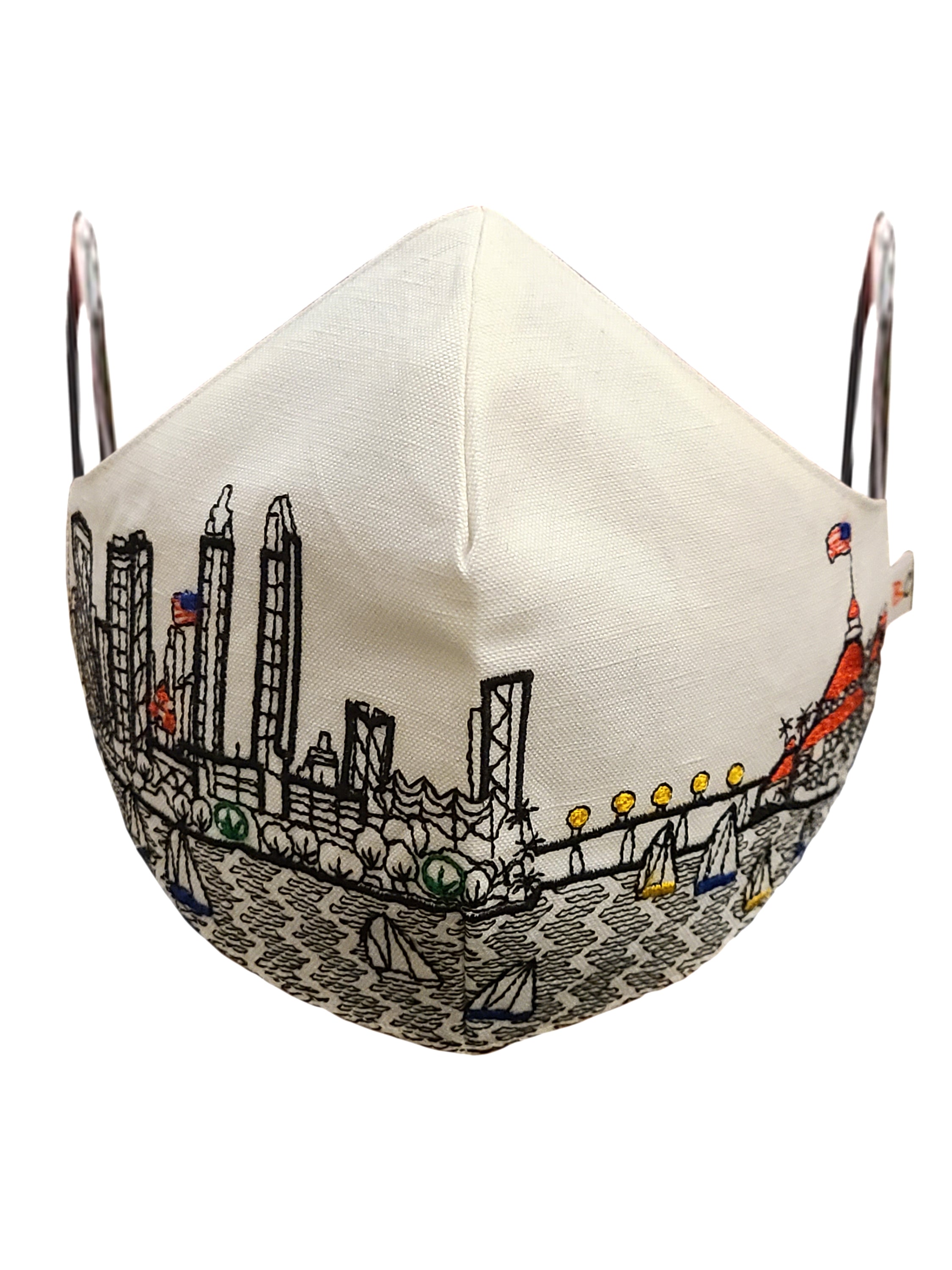 SAN DIEGO EMBROIDERED SKYLINE FACE MASK featuring a vibrant skyline design on linen/cotton fabric with soft cotton lining and elastic loops.