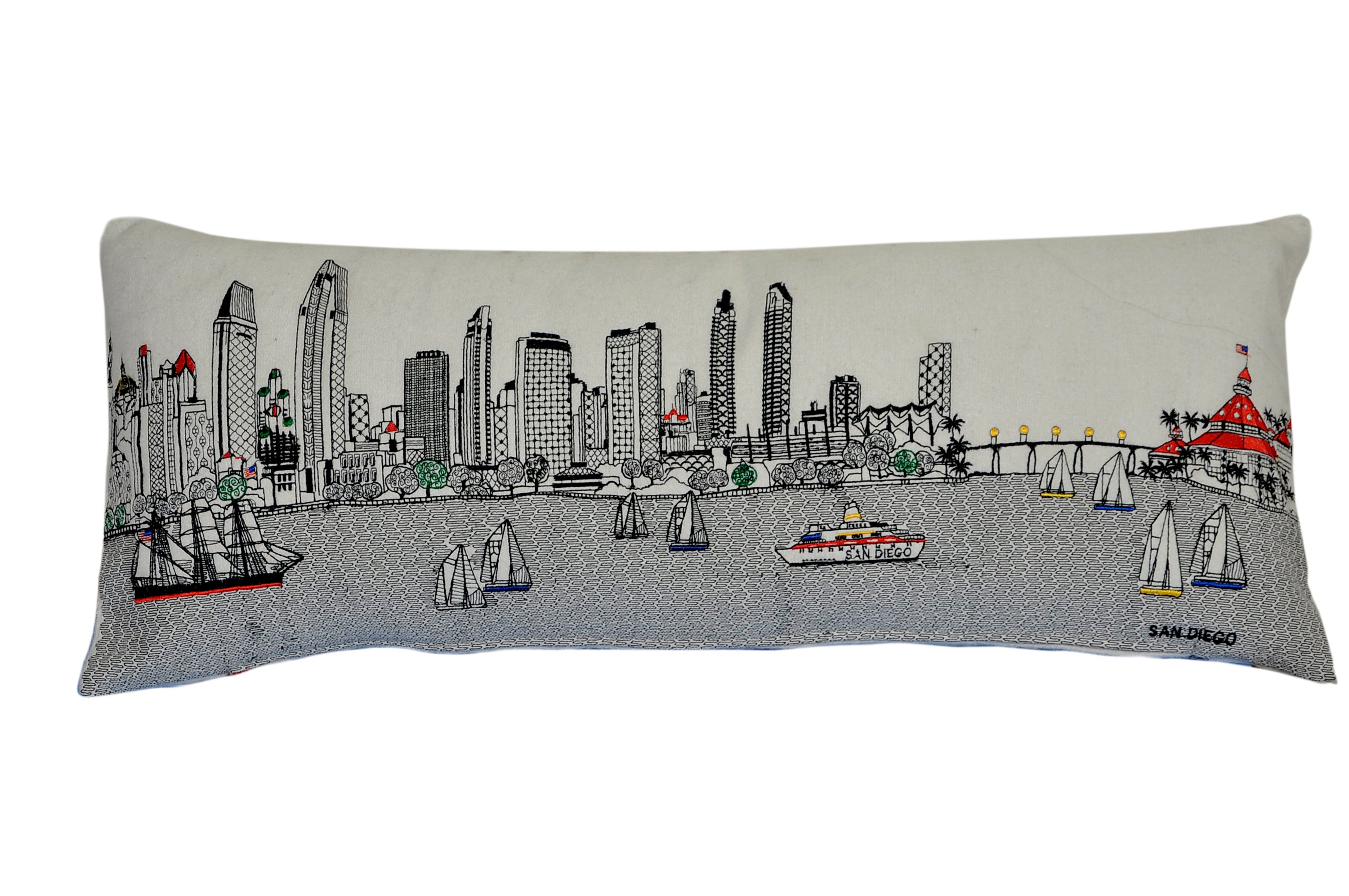 San Diego Pillow featuring iconic city highlights, red zipper, and soft fabric blend of wool and nylon.