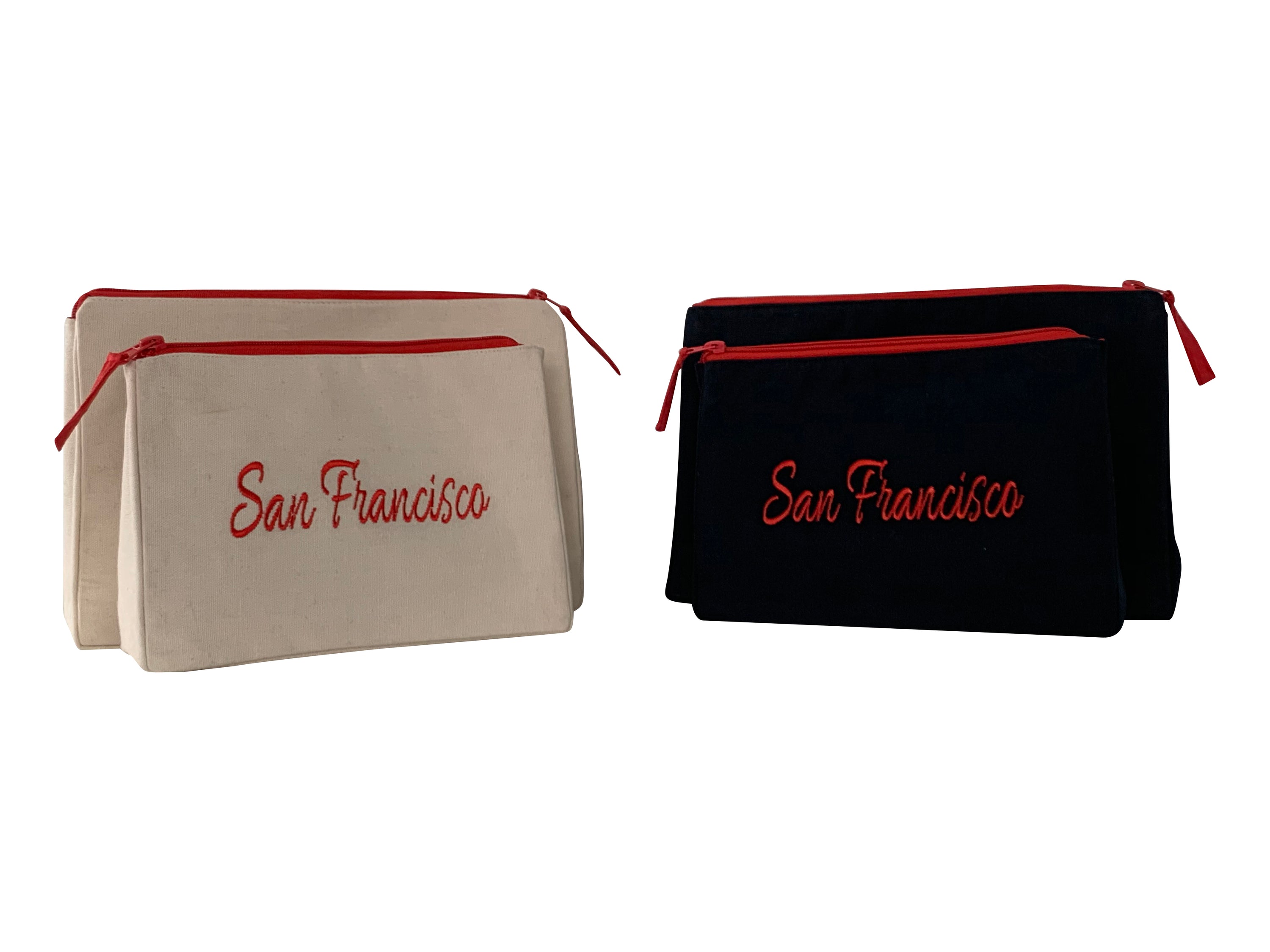 San Francisco Makeup Bag set featuring embroidered skyline on cream and black cotton canvas with red waterproof lining.