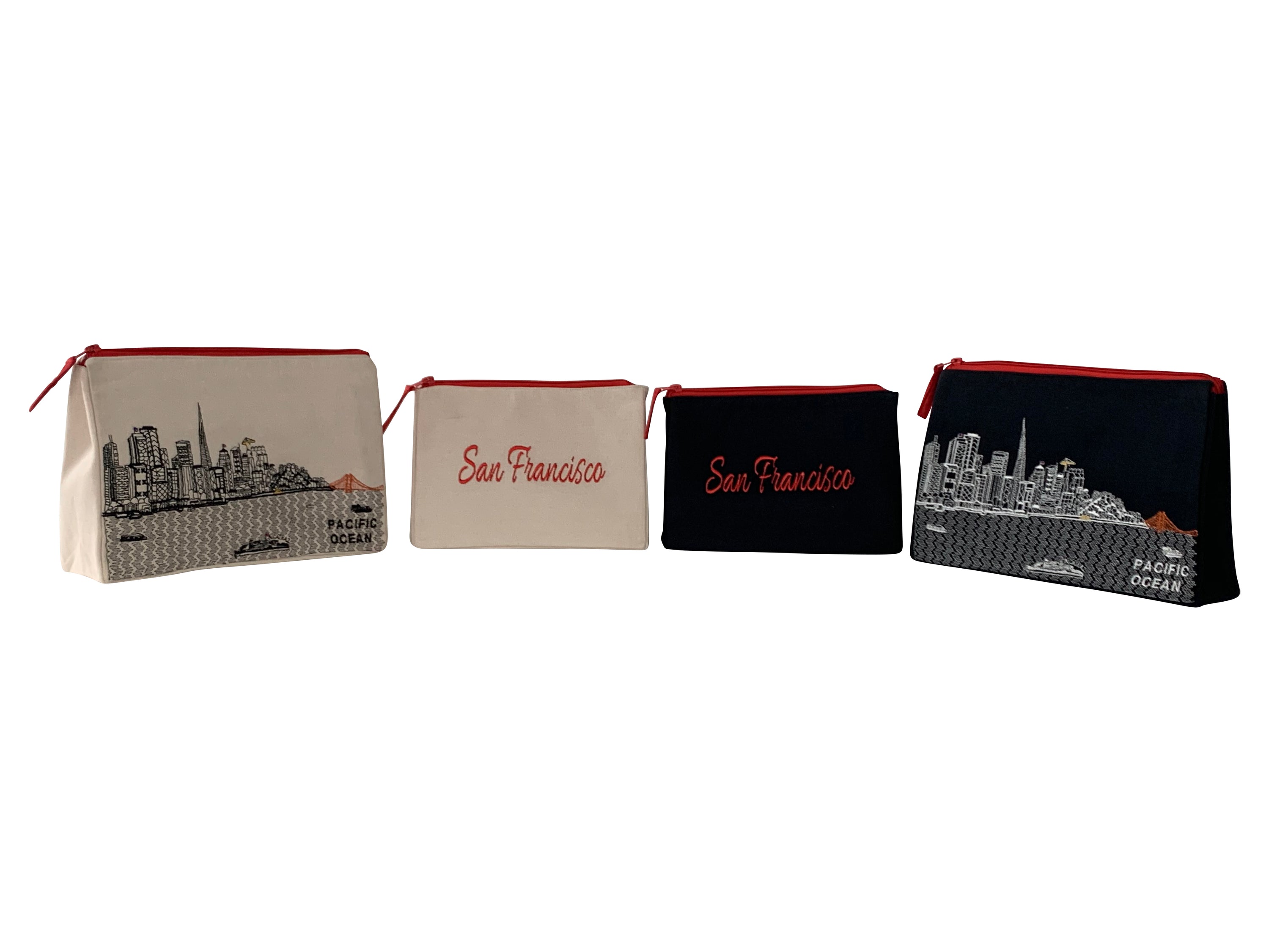 San Francisco Makeup Bag set featuring embroidered skyline on cream and black cotton canvas with red waterproof lining.