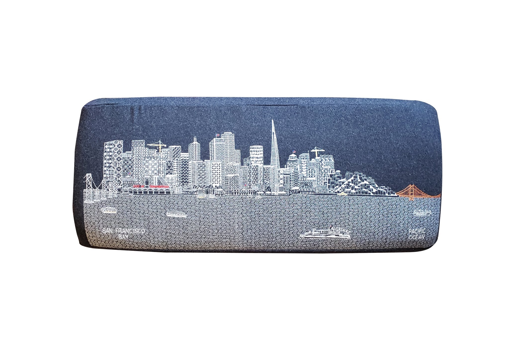 Handcrafted San Francisco Ottoman featuring embroidered city landmarks on wool upholstery.