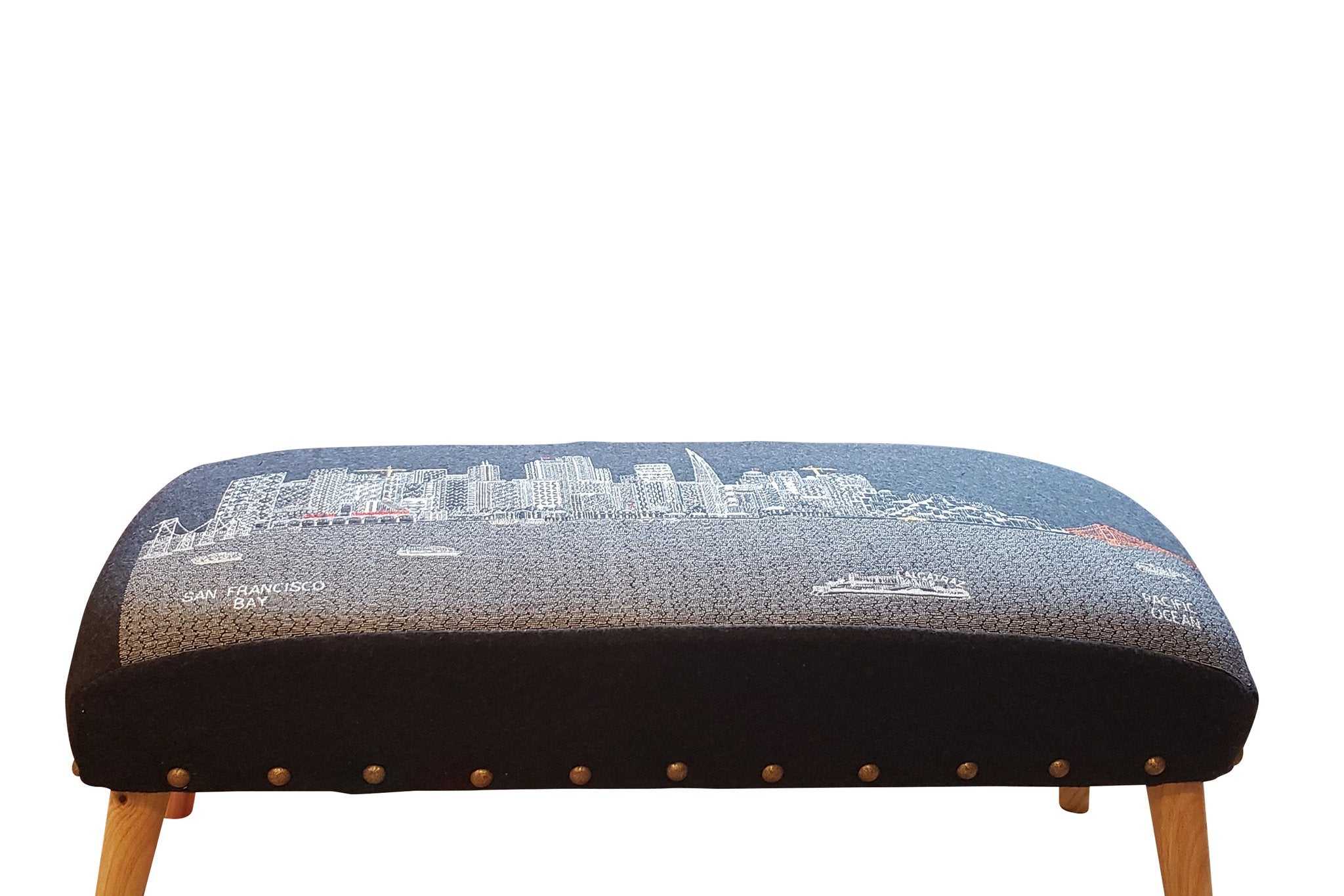 Handcrafted San Francisco Ottoman featuring embroidered city landmarks on wool upholstery.