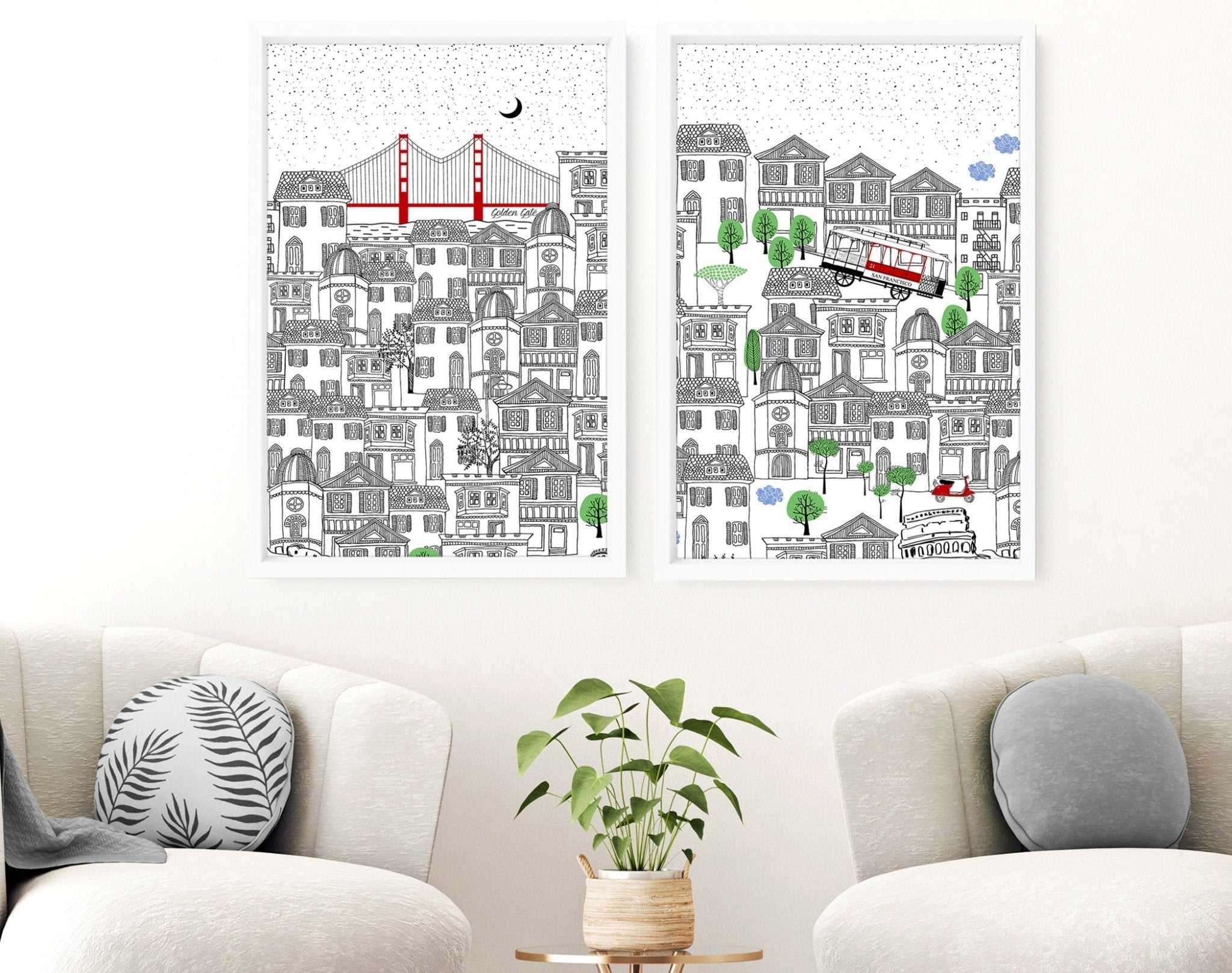 Set of 2 San Francisco wall art travel posters featuring iconic landmarks in vibrant colors.