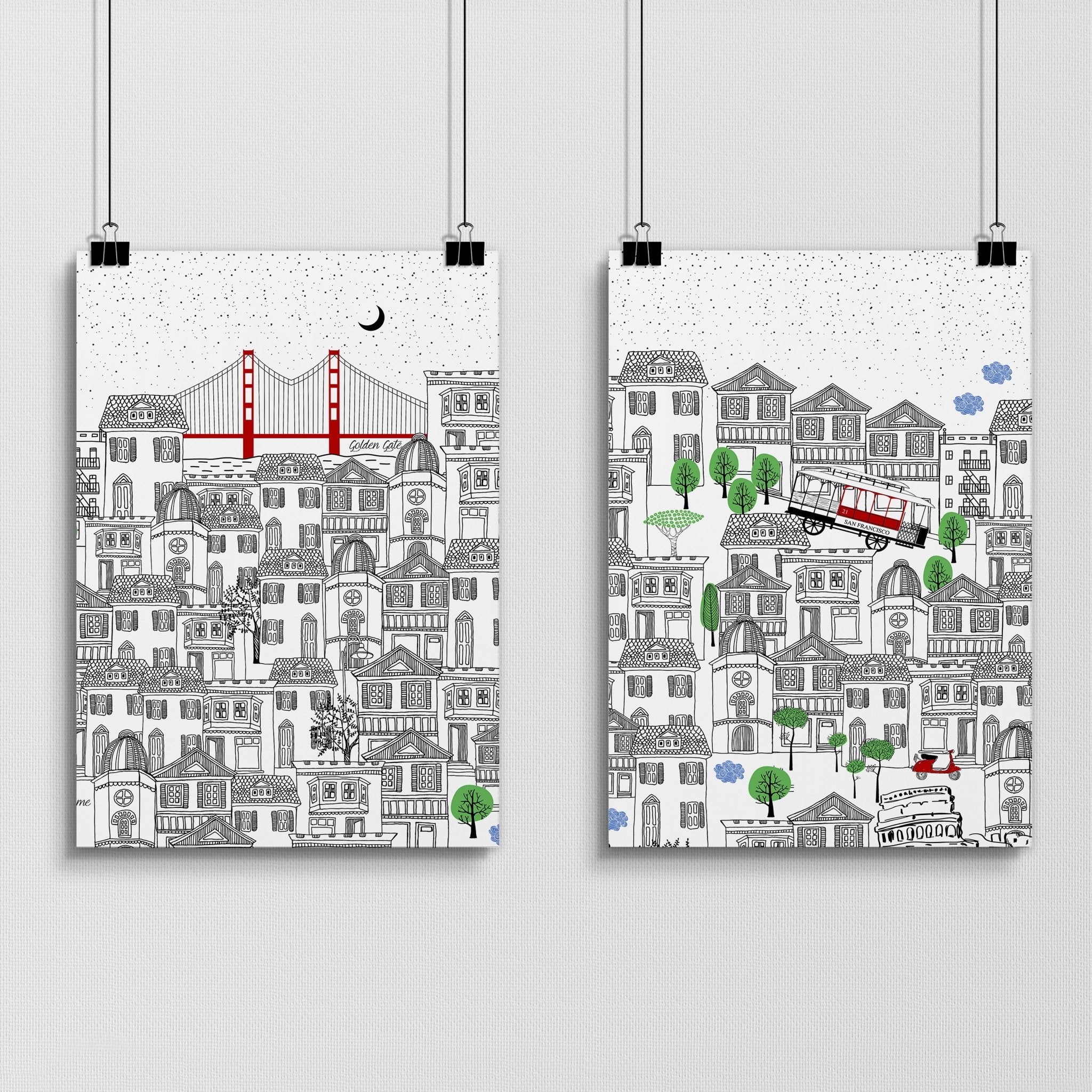 Set of 2 San Francisco wall art travel posters featuring iconic landmarks in vibrant colors.