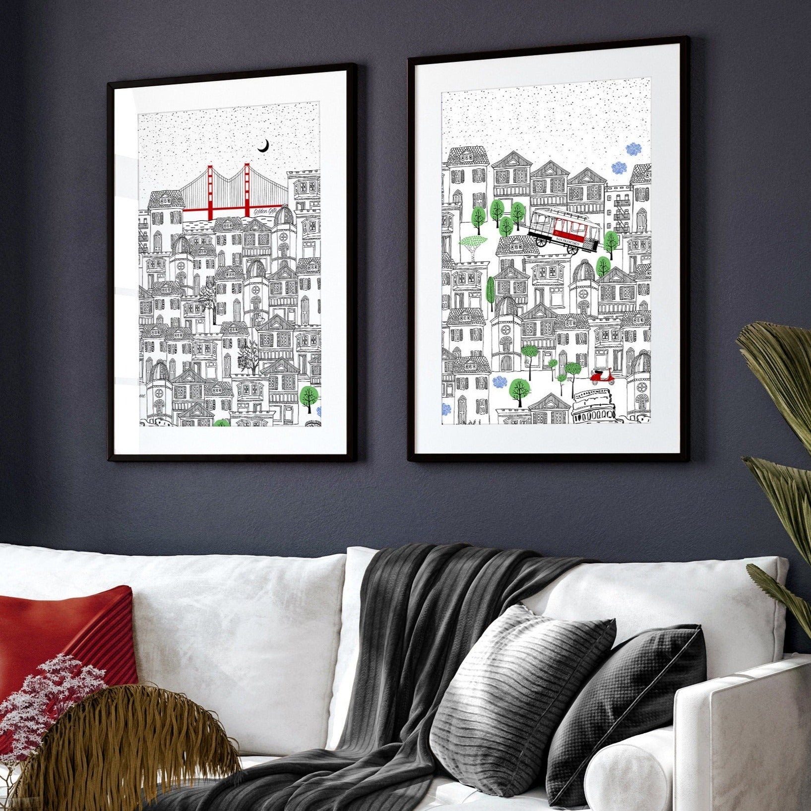 Set of 2 San Francisco wall art travel posters featuring iconic landmarks in vibrant colors.