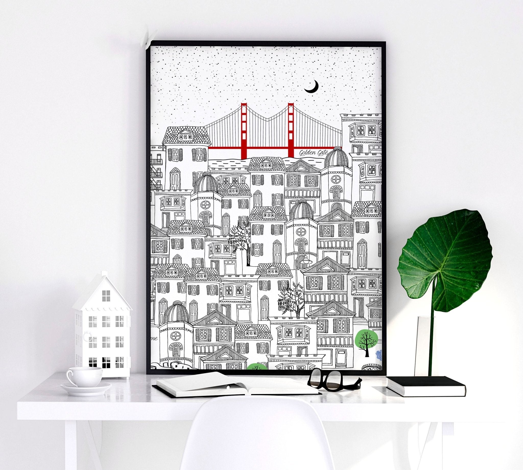 Set of 2 San Francisco wall art travel posters featuring iconic landmarks in vibrant colors.