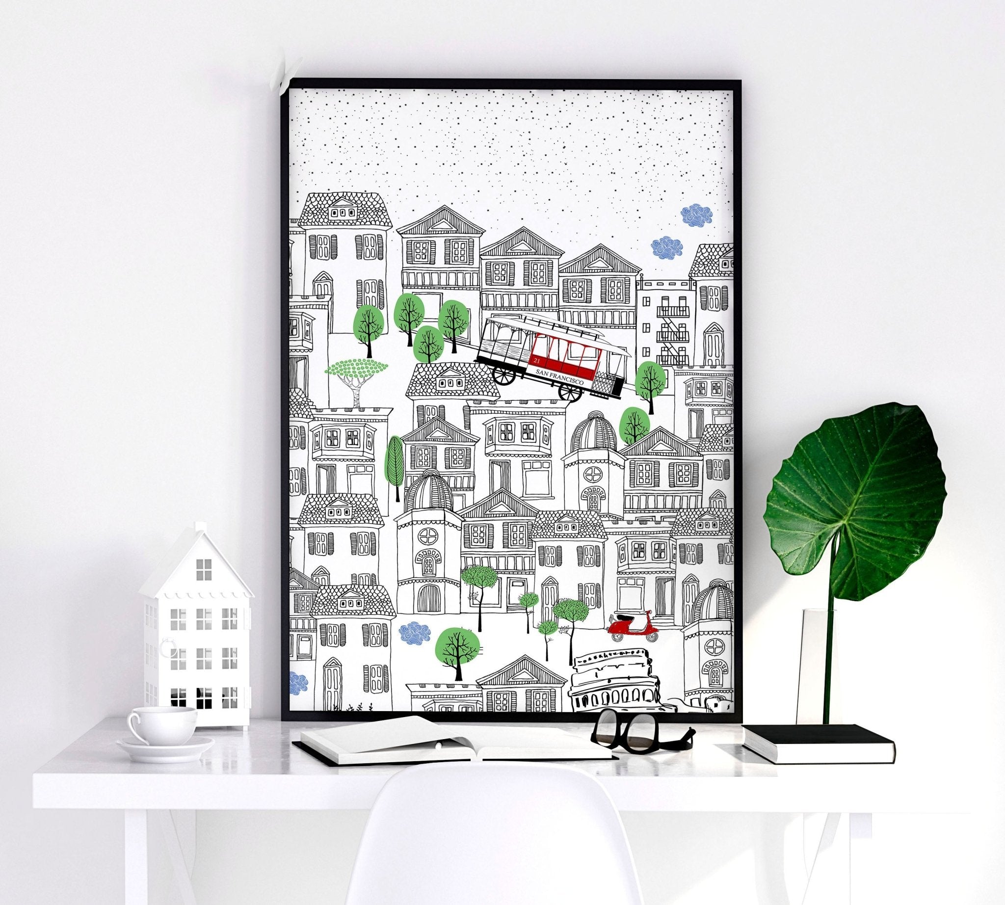 Set of 2 San Francisco wall art travel posters featuring iconic landmarks in vibrant colors.