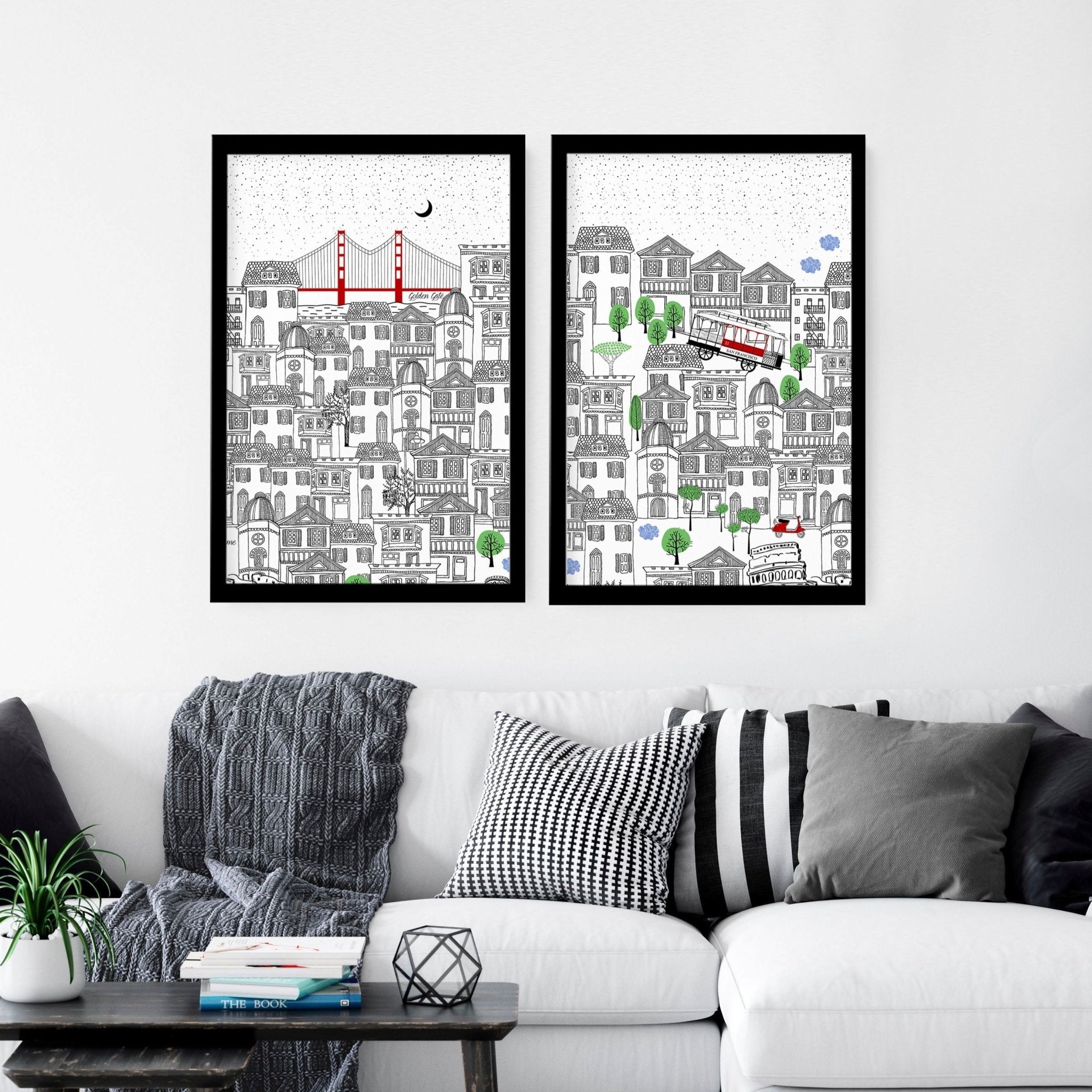 Set of 2 San Francisco wall art travel posters featuring iconic landmarks in vibrant colors.