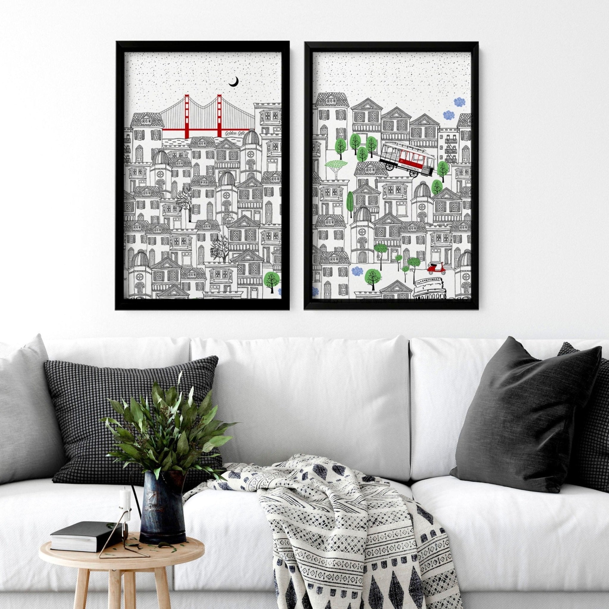 Set of 2 San Francisco wall art travel posters featuring iconic landmarks in vibrant colors.