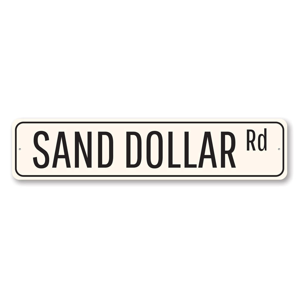 A decorative Sand Dollar Road Sign made of high-quality aluminum, featuring a coastal design perfect for home decor.