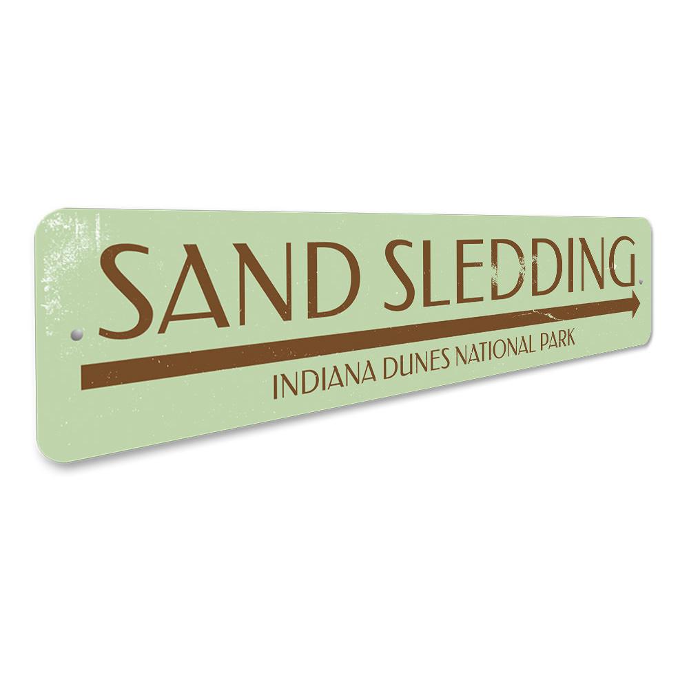 Custom Sand Sledding Sign made of aluminum, featuring vibrant colors and personalized text options, perfect for indoor or outdoor display.