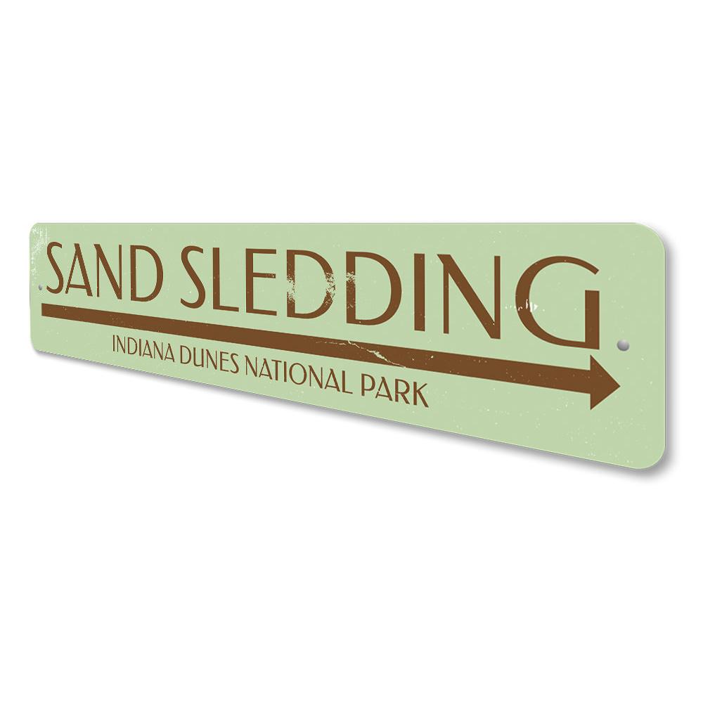 Custom Sand Sledding Sign made of aluminum, featuring vibrant colors and personalized text options, perfect for indoor or outdoor display.