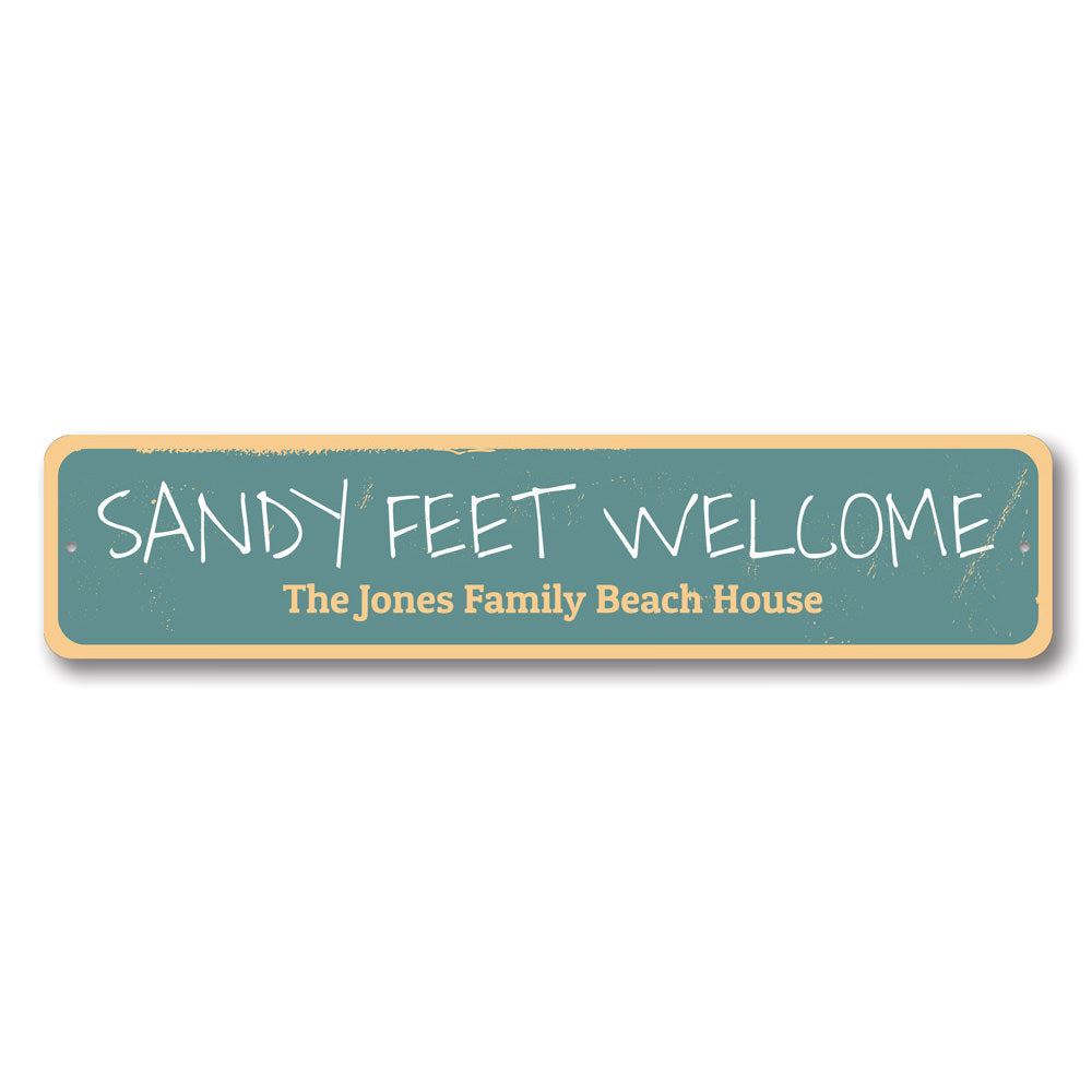 Sandy Feet Welcome Sign made of aluminum, featuring beach-themed design, perfect for coastal decor.