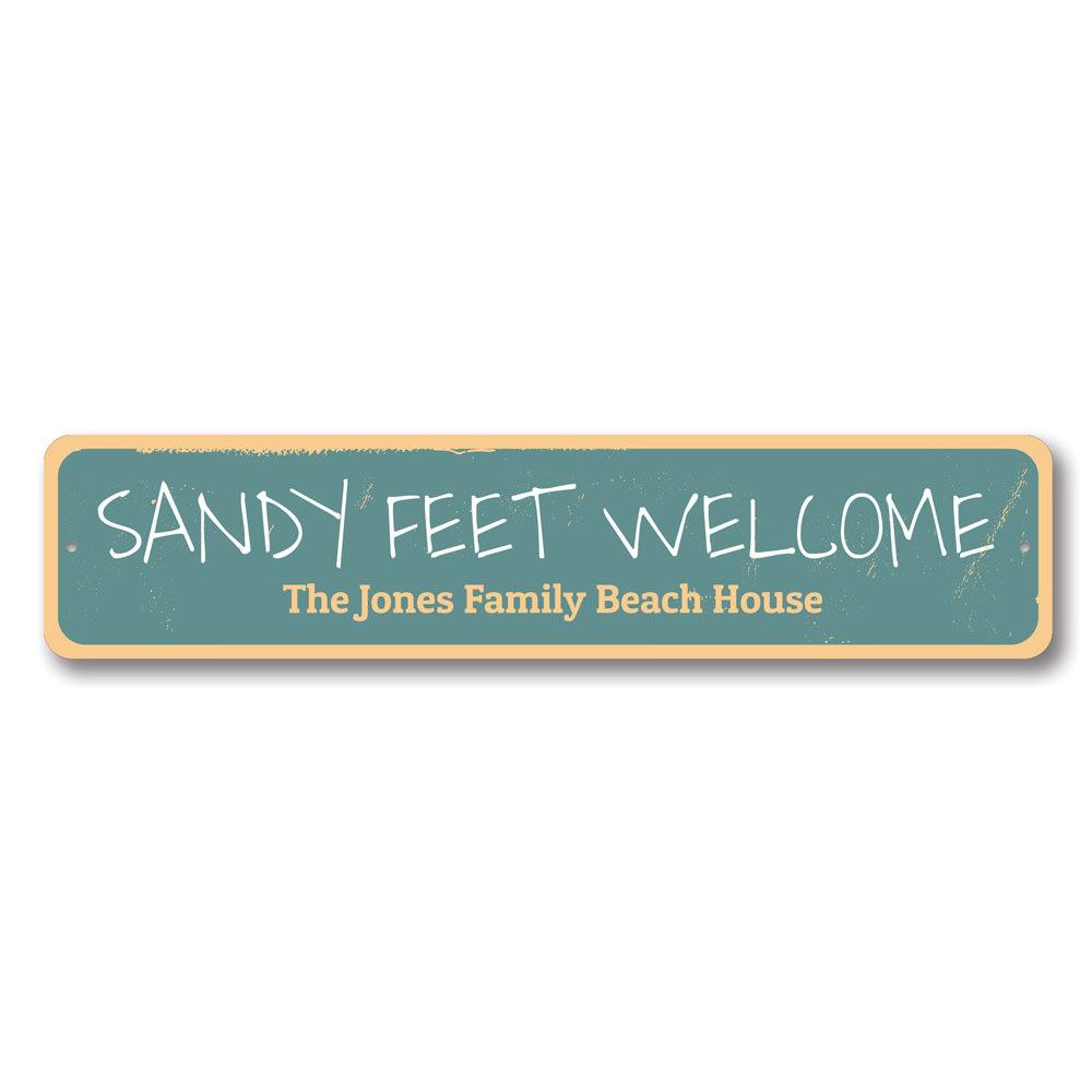 Sandy Feet Welcome Sign made of aluminum, featuring beach-themed design, perfect for coastal decor.