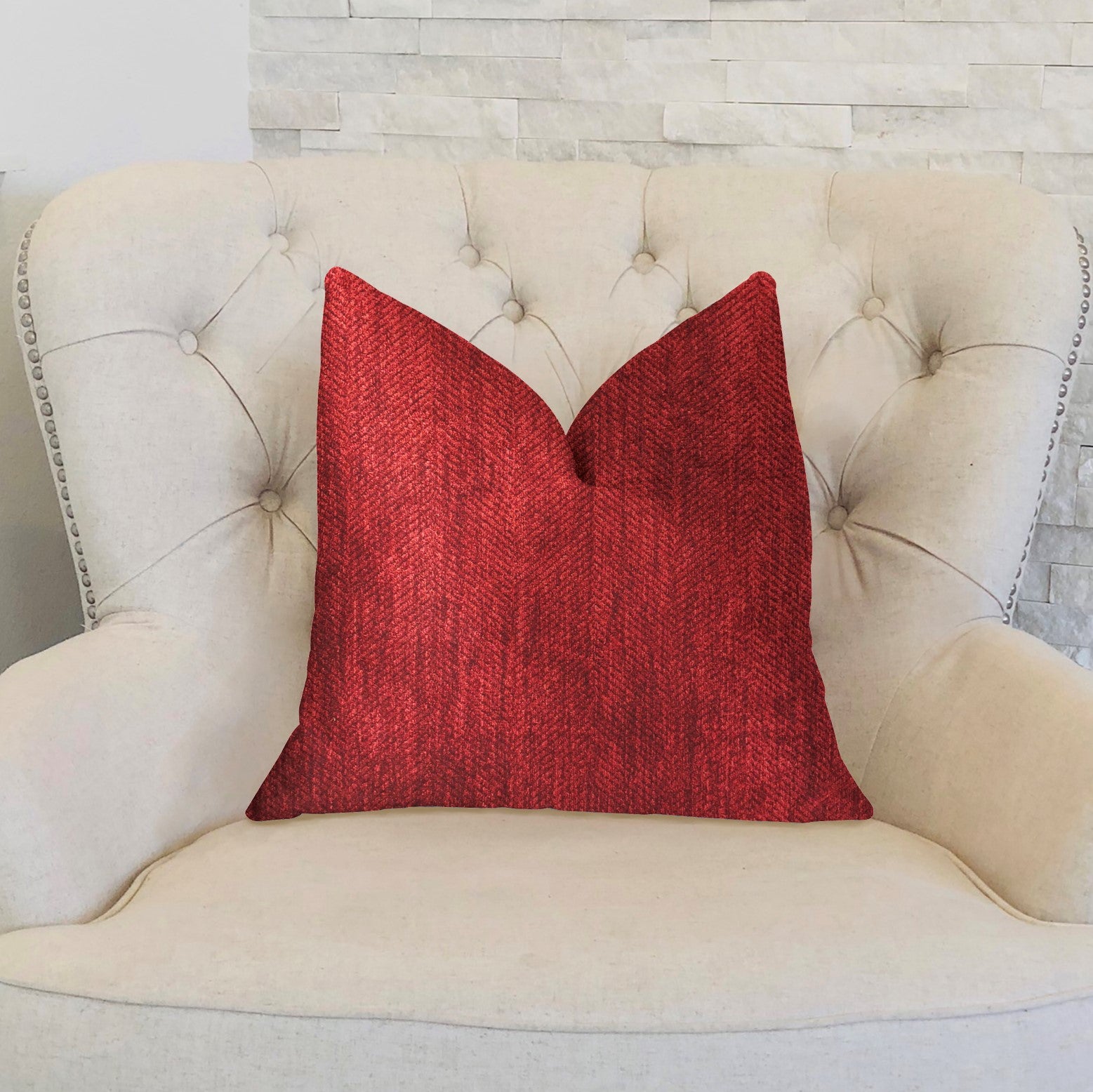 Sangria Cherry Red Luxury Throw Pillow showcasing a vibrant cherry red color with a soft texture, featuring an invisible zipper and double-sided design.