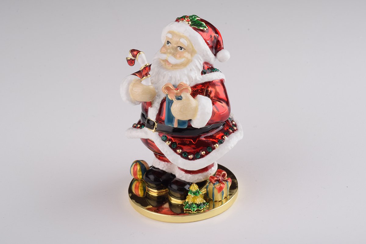 Handcrafted Santa Claus trinket box with Austrian crystals and 24K gold plating, featuring a secure magnetic closure.