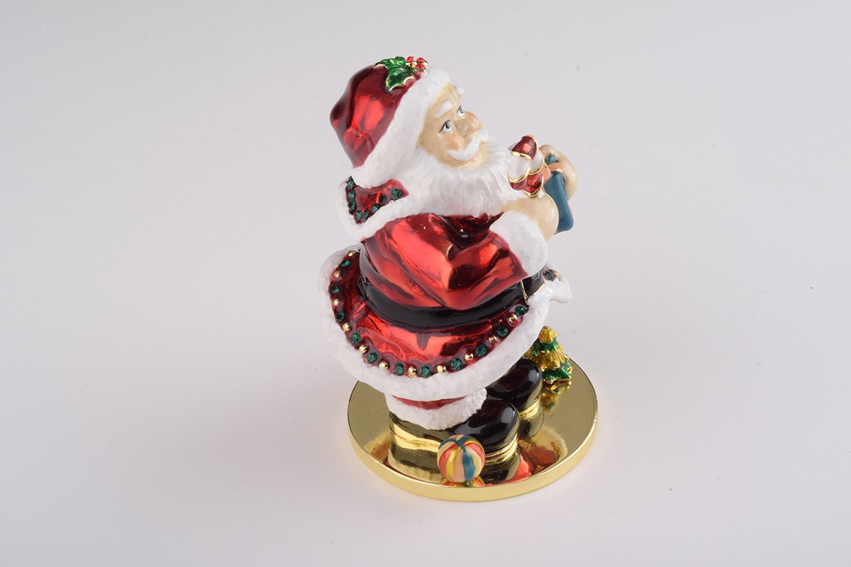 Handcrafted Santa Claus trinket box with Austrian crystals and 24K gold plating, featuring a secure magnetic closure.