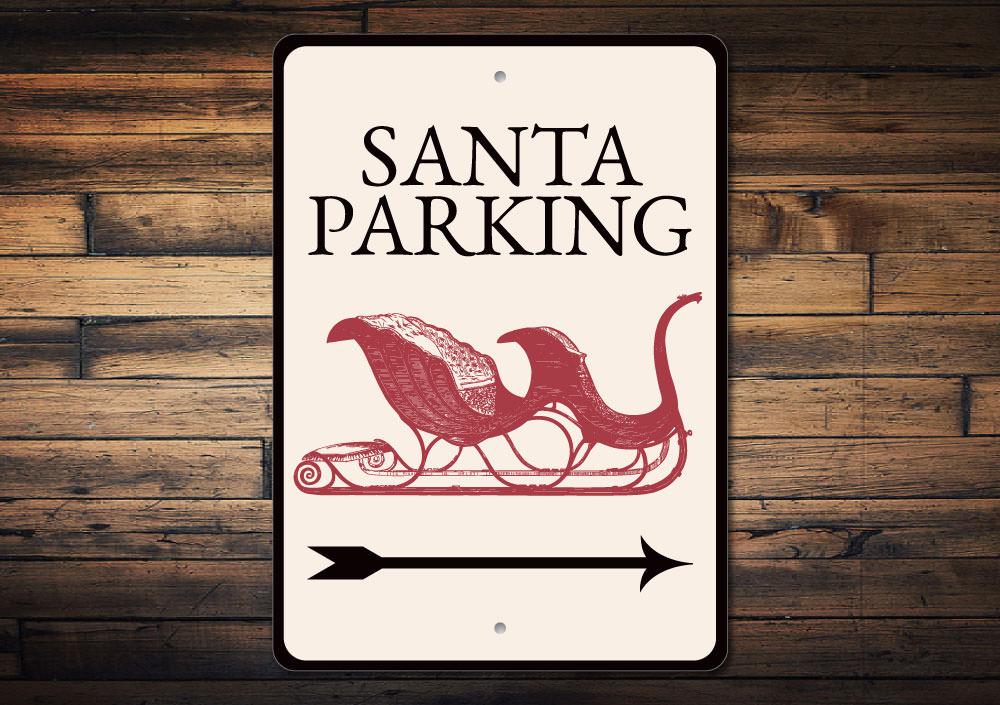 A festive Santa Parking Arrow Sign made of durable aluminum, featuring a cheerful Santa design and an arrow indicating reserved parking.