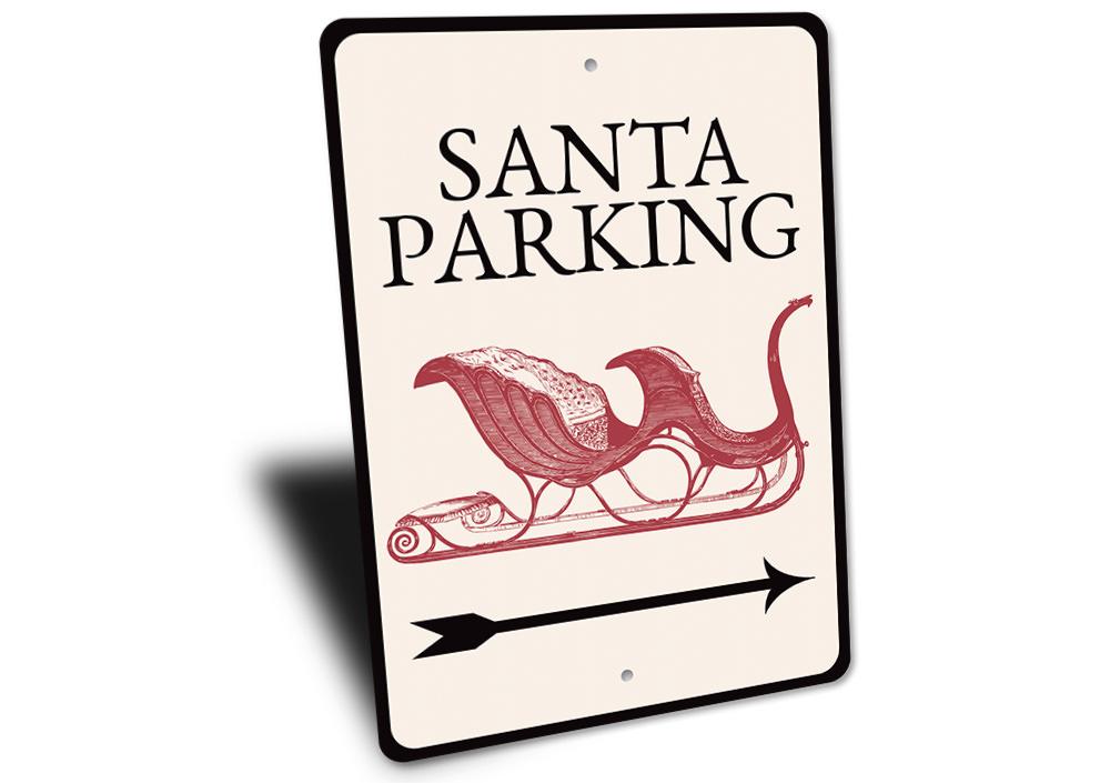 A festive Santa Parking Arrow Sign made of durable aluminum, featuring a cheerful Santa design and an arrow indicating reserved parking.