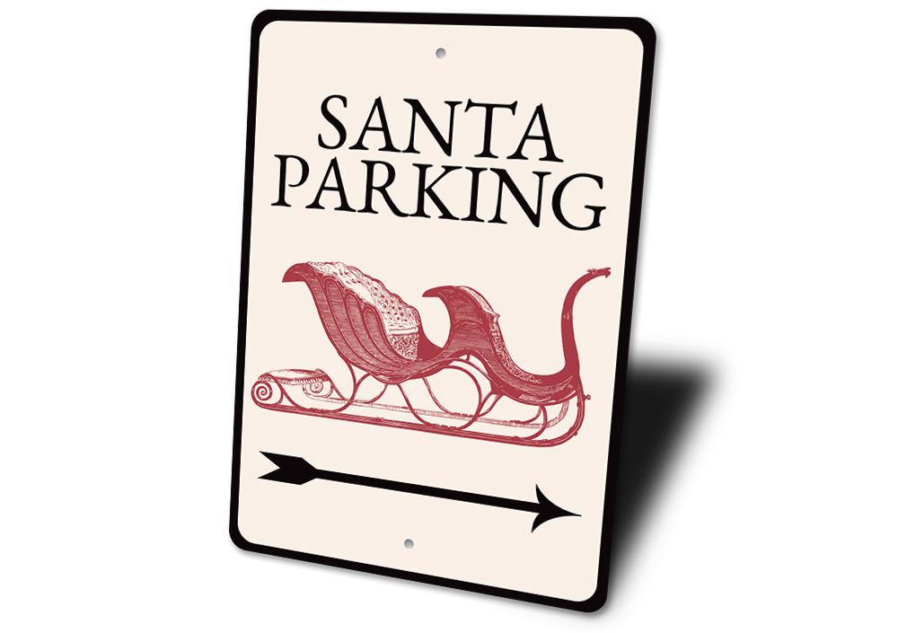 A festive Santa Parking Arrow Sign made of durable aluminum, featuring a cheerful Santa design and an arrow indicating reserved parking.