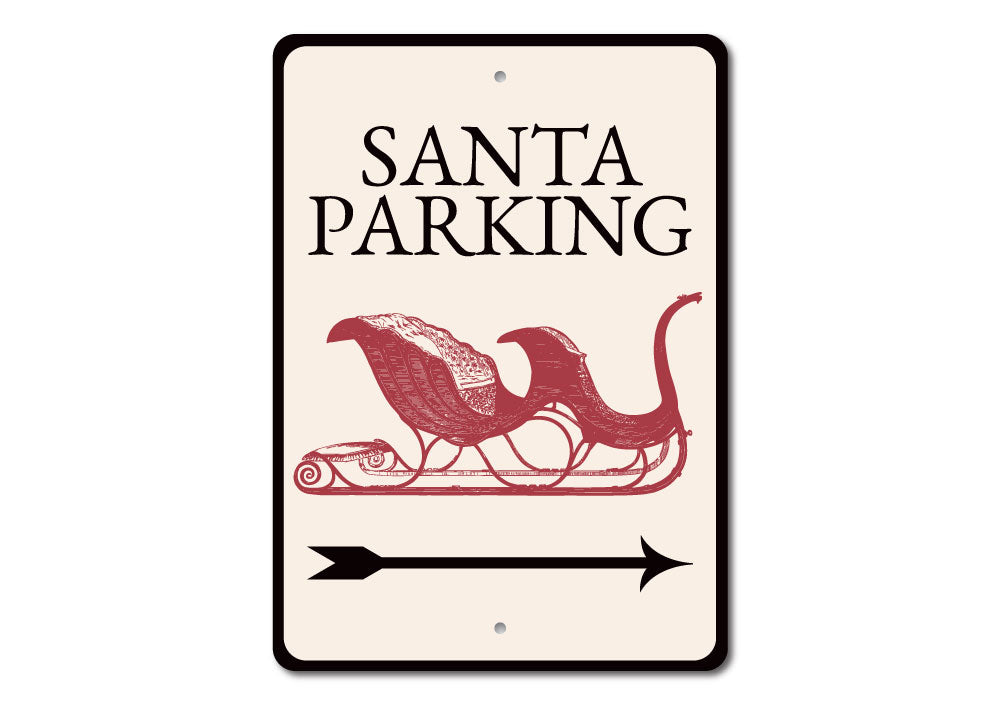 A festive Santa Parking Arrow Sign made of durable aluminum, featuring a cheerful Santa design and an arrow indicating reserved parking.