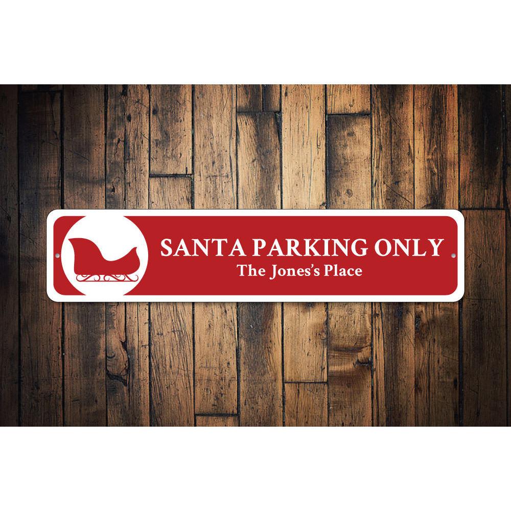 A festive Santa Parking Sign made of durable aluminum, featuring a cheerful design perfect for holiday decorations.