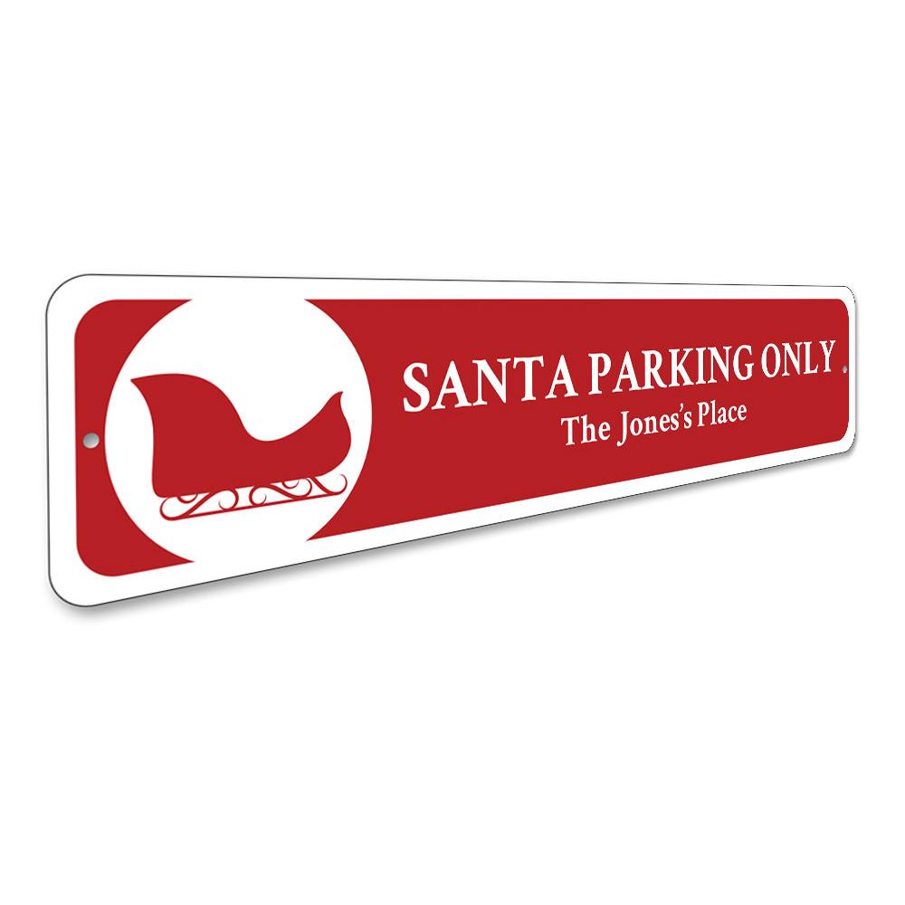 A festive Santa Parking Sign made of durable aluminum, featuring a cheerful design perfect for holiday decorations.