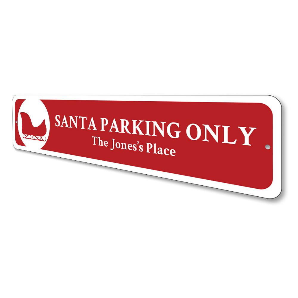 A festive Santa Parking Sign made of durable aluminum, featuring a cheerful design perfect for holiday decorations.