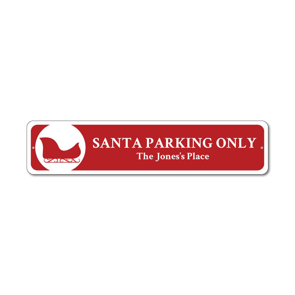 A festive Santa Parking Sign made of durable aluminum, featuring a cheerful design perfect for holiday decorations.