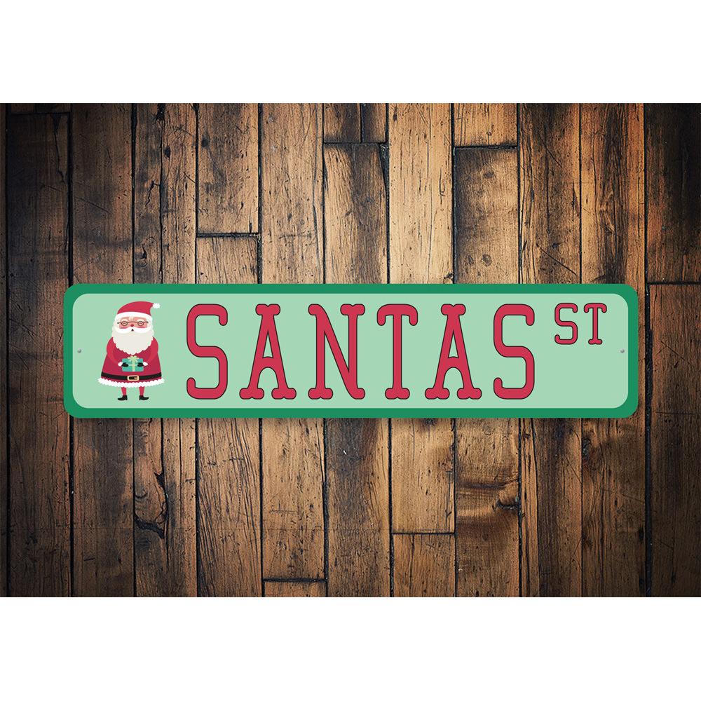 A festive Santa Street Sign made of high-quality aluminum, featuring vibrant colors and a cheerful design, perfect for holiday decoration.