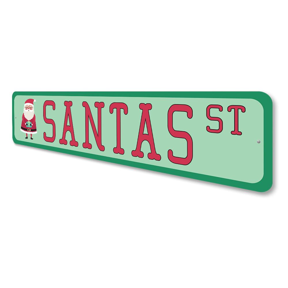 A festive Santa Street Sign made of high-quality aluminum, featuring vibrant colors and a cheerful design, perfect for holiday decoration.