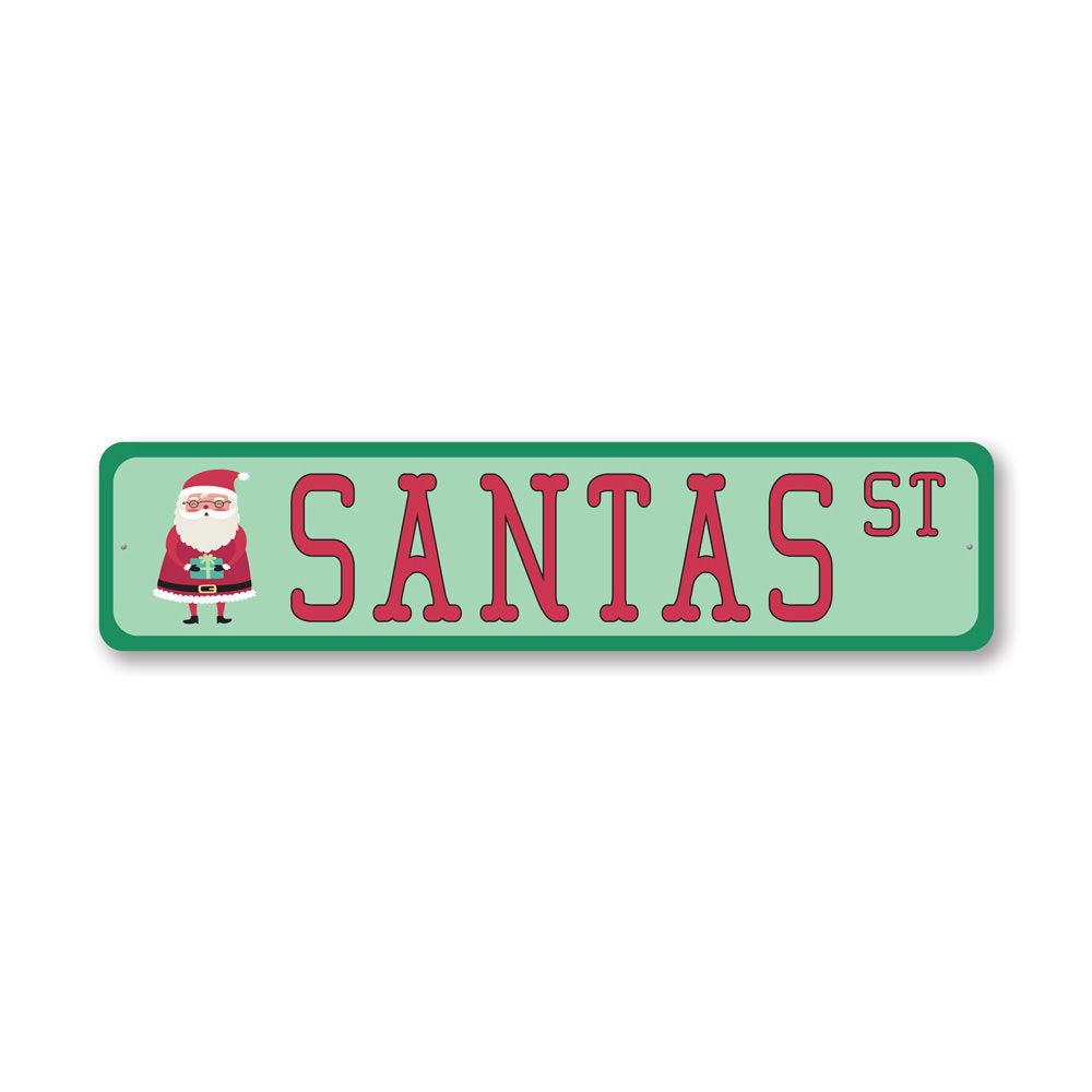 A festive Santa Street Sign made of high-quality aluminum, featuring vibrant colors and a cheerful design, perfect for holiday decoration.