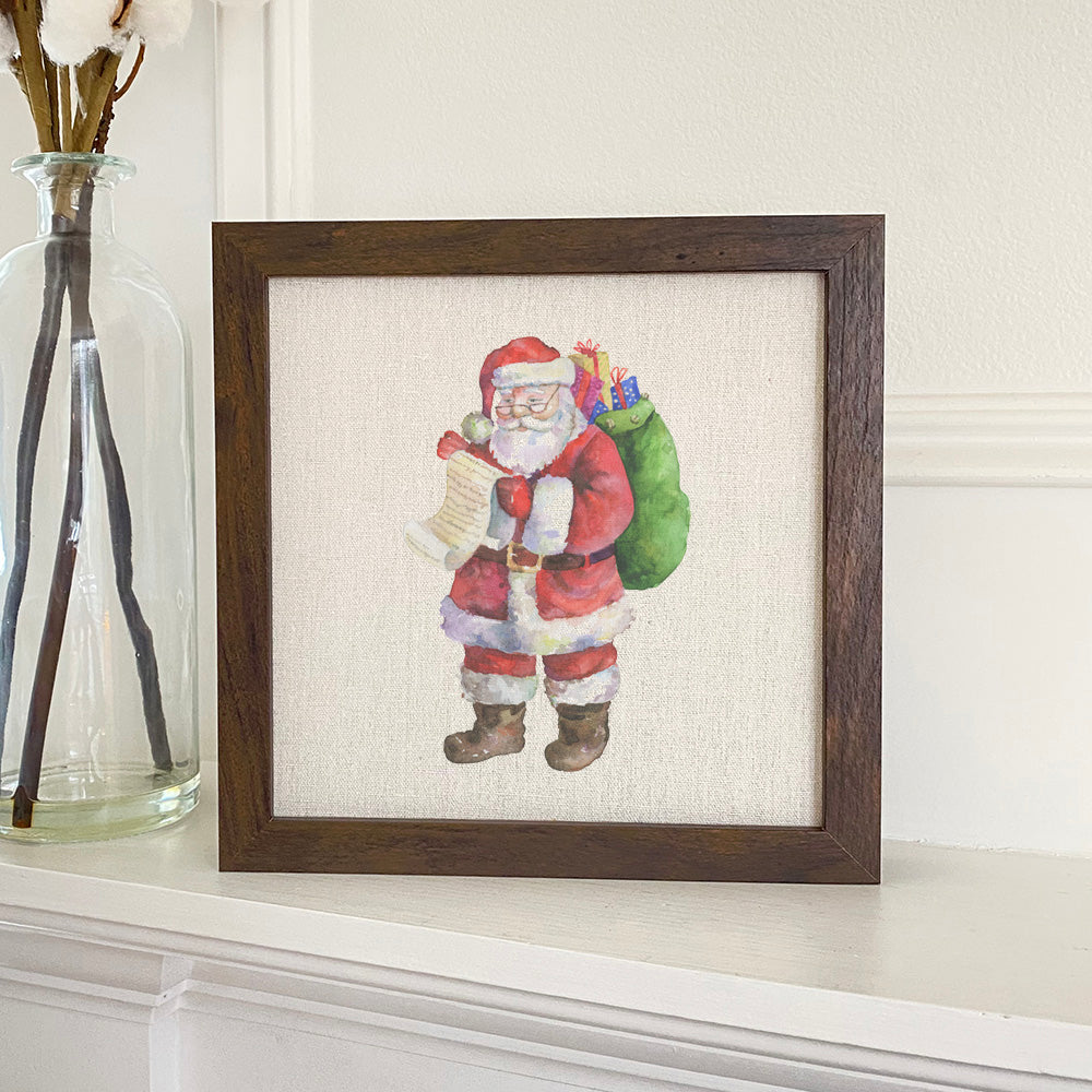 Framed sign featuring Santa with a list, stylish wood frame, eco-friendly printing on a linen-look background.