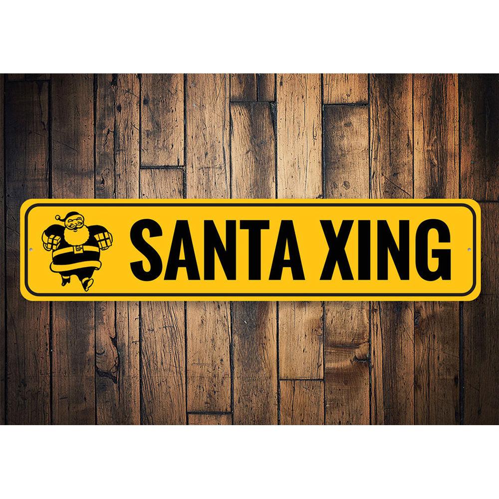 Santa Xing Holiday Sign featuring festive design, made of durable aluminum, perfect for Christmas decorations.