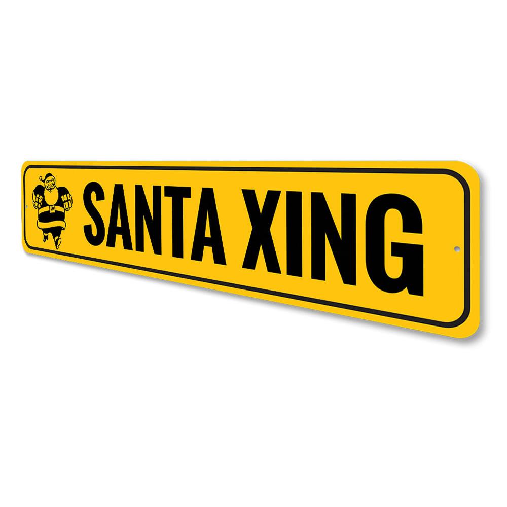 Santa Xing Holiday Sign featuring festive design, made of durable aluminum, perfect for Christmas decorations.